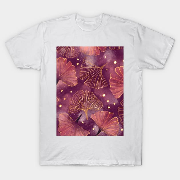 Watercolor Golden Ginko Leaves Dark Pink | Burgundy Red | Purple Pink pattern T-Shirt by RenattaZare